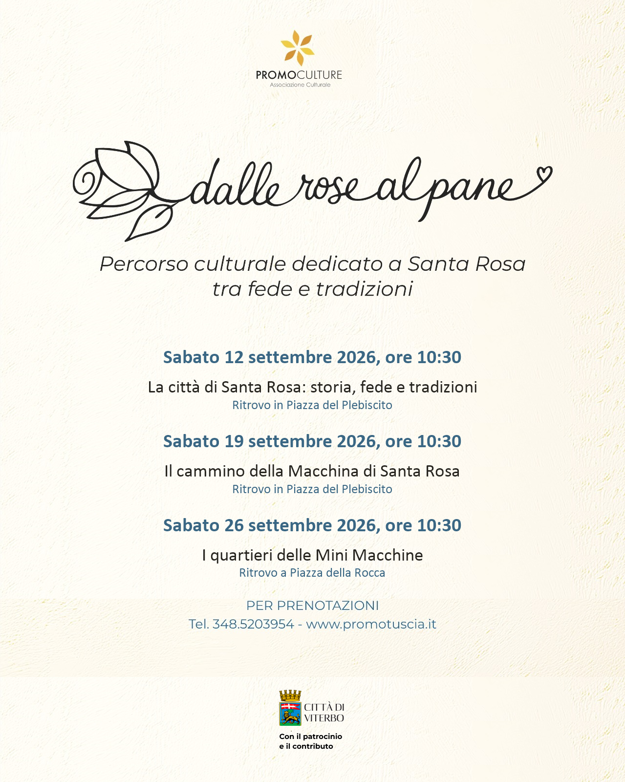 Locandina Dalle rose al pane: tre passeggiate guidate gratuite a Viterbo, 12, 19 e 26 settembre 2026