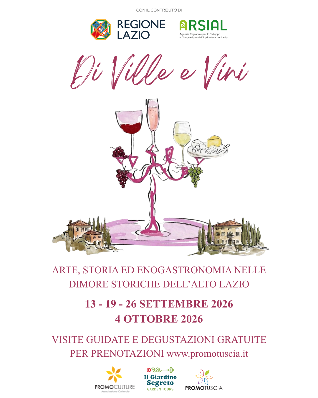 Locandina Di Ville e Vini: arte, storia ed enogastronomia nelle dimore storiche dell’Alto Lazio, 13, 19, 26 settembre e 4 ottobre 2026