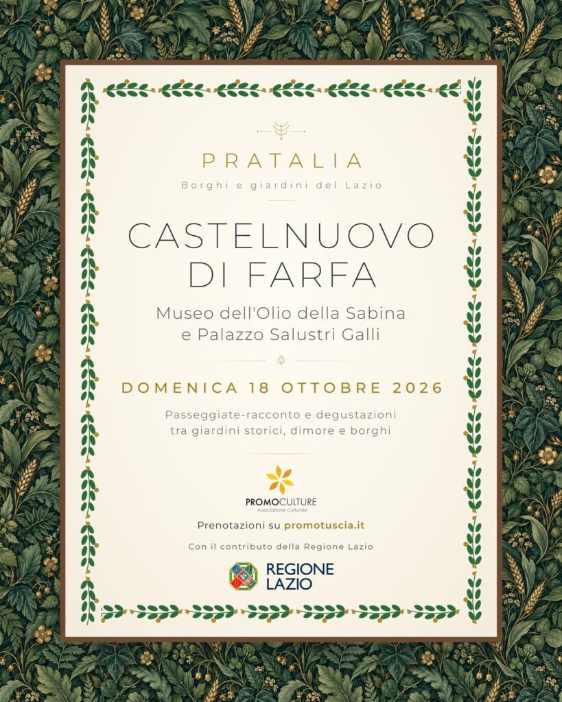 Locandina Pratalia: Castelnuovo di Farfa, Palazzo Salustri Galli e Museo dell’Olio, domenica 18 ottobre