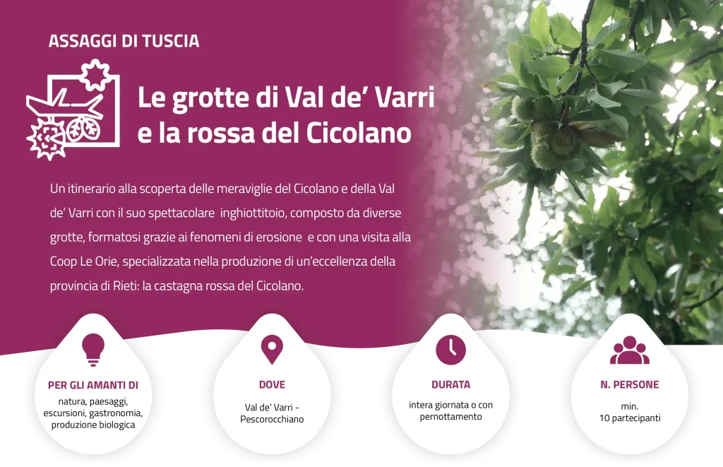 Locandina Assaggi di Tuscia — Le grotte di Val de’ Varri e la rossa del Cicolano